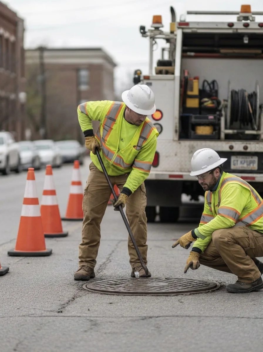 Municipal utility crew opening a manhole cover beside a service truck and traffic cones.