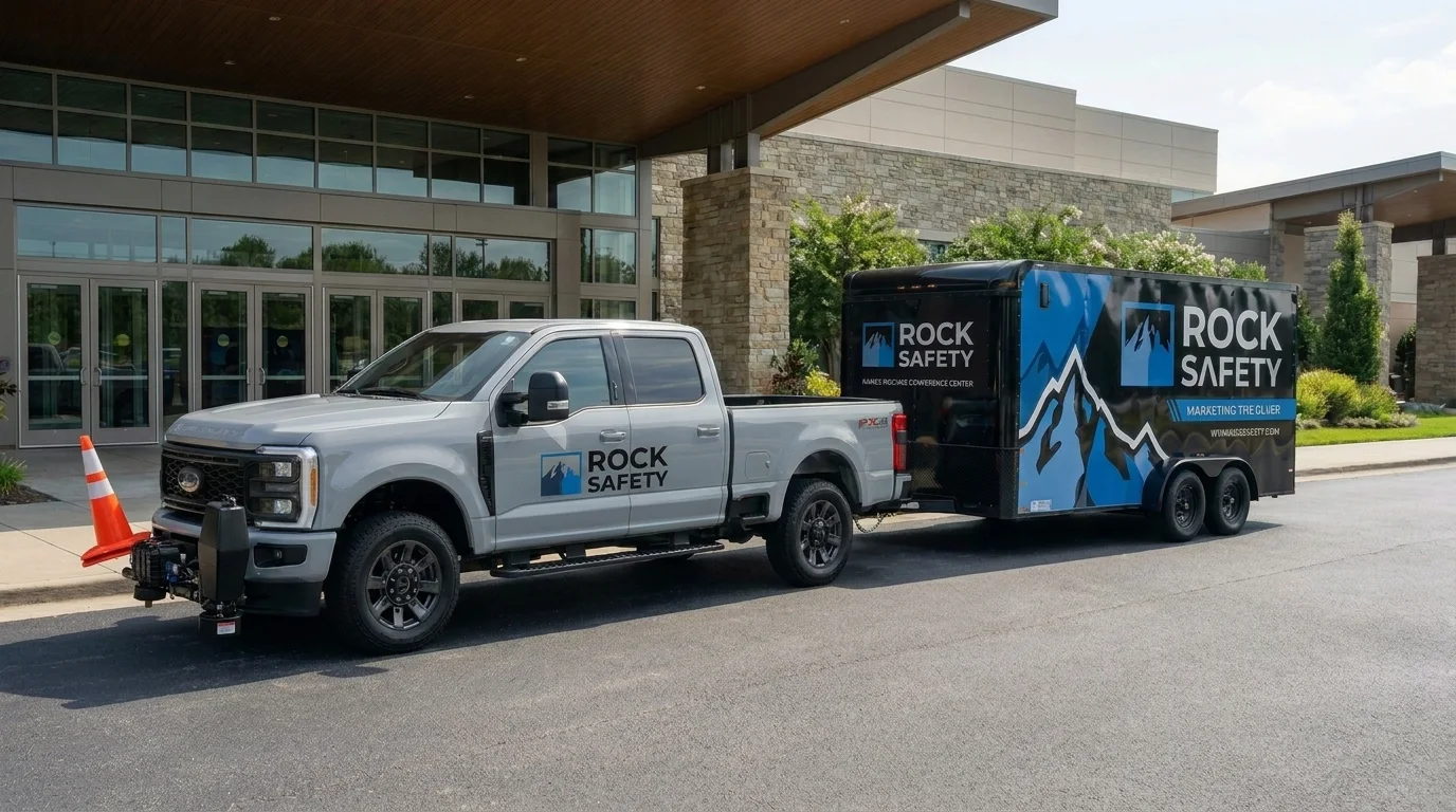 Rock Safety truck and trailer outside an event venue