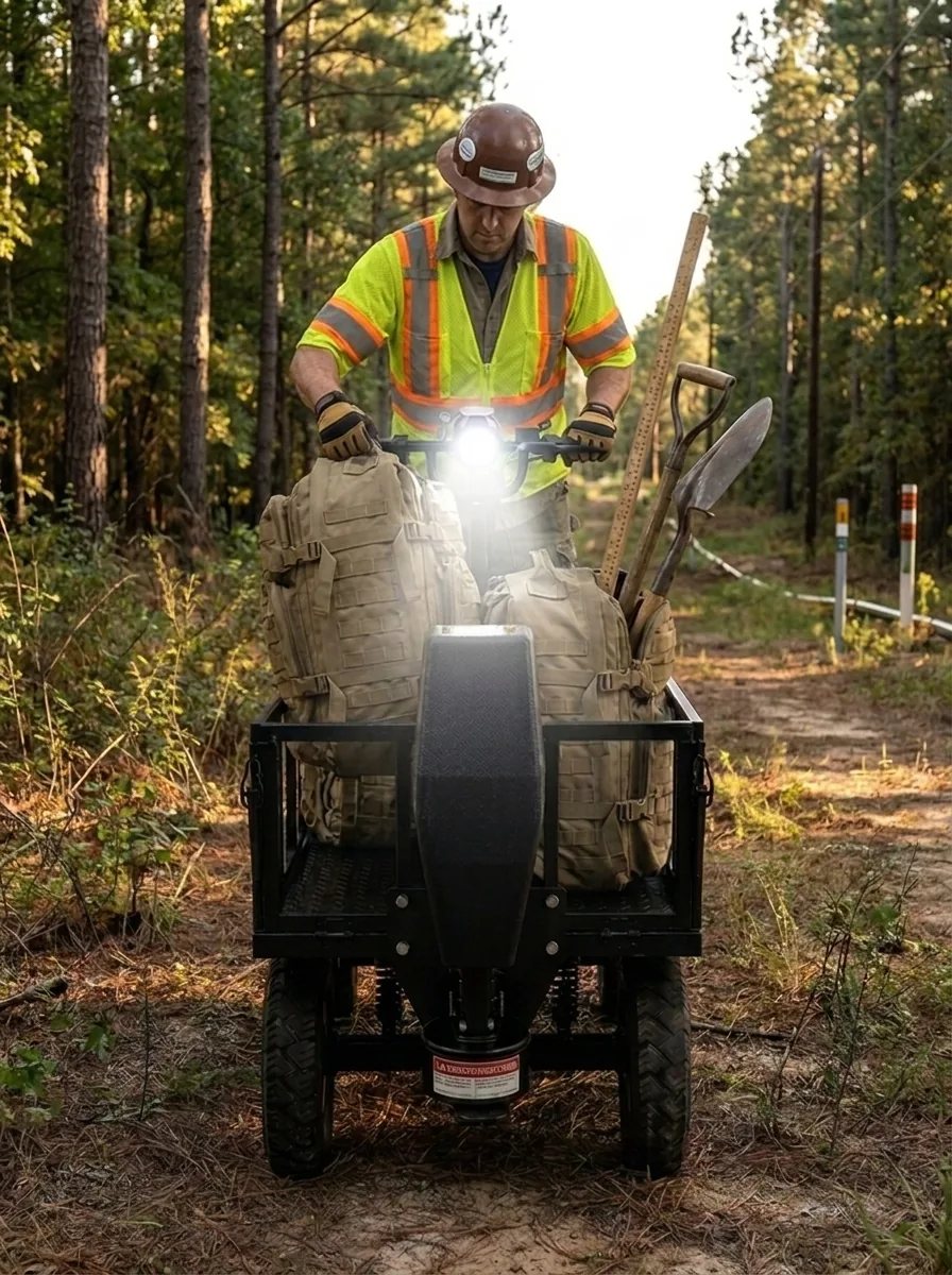 RS-EUV transporting field equipment on a forest trail