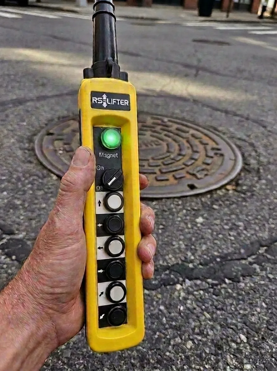 RS-LIFTER pendant remote held above an access cover