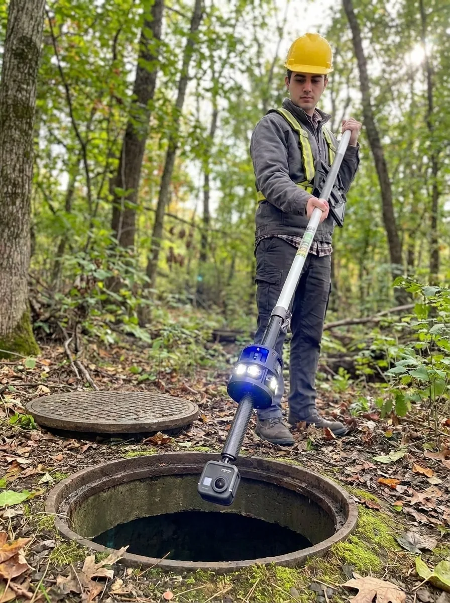 Field operator using an RS-360 Inspection Camera at a wooded access point
